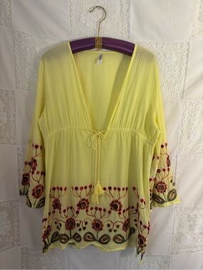 Yellow Embroidered Beachy Boho Semi Sheer Mini Dress/Swim Cover Size L-XL